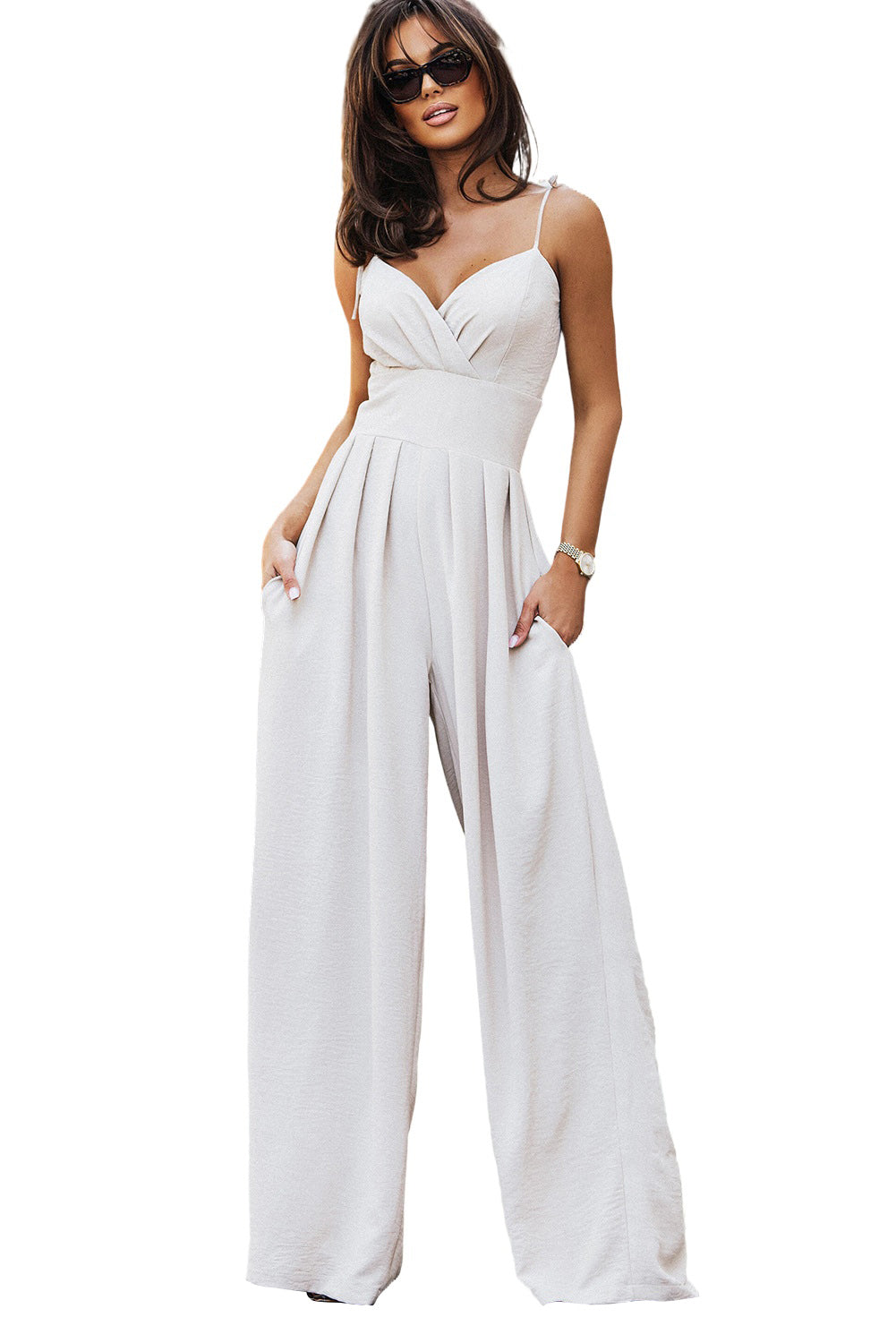 Spaghetti Straps Pleated High Waist Wide Leg Jumpsuit