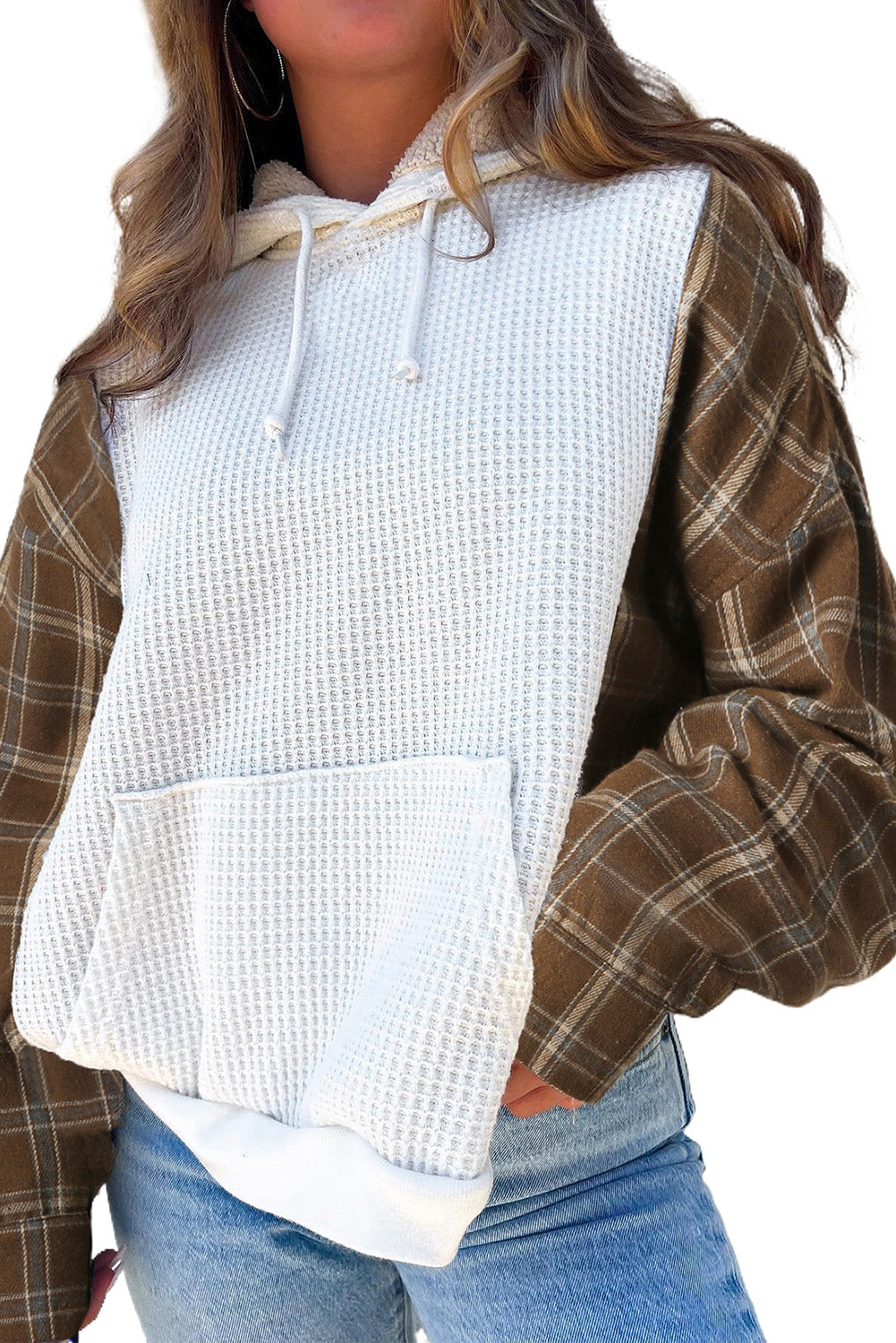 Plaid Sleeve Kangaroo Pocket Hoodie