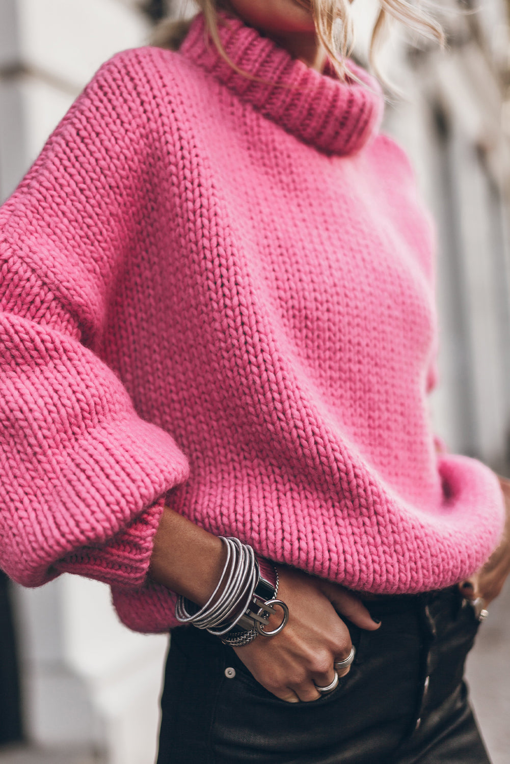 Chunky Knit Turtle Neck Drop Shoulder Sweater