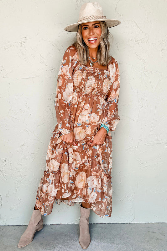 Floral Square Neck High Waist Maxi Dress