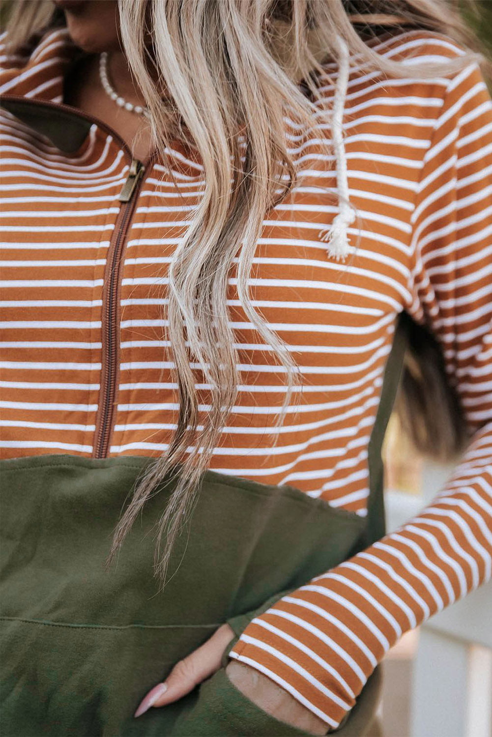 Orange Striped Thumb-hole Sleeve Hoodie