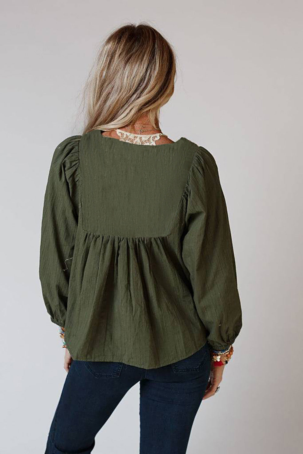 Green Embroidered Split Neck Pleated Loose Blouse