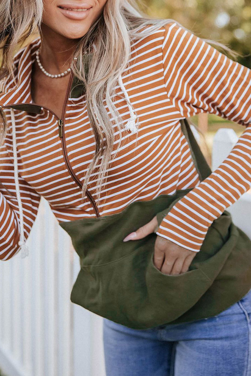 Orange Striped Thumb-hole Sleeve Hoodie