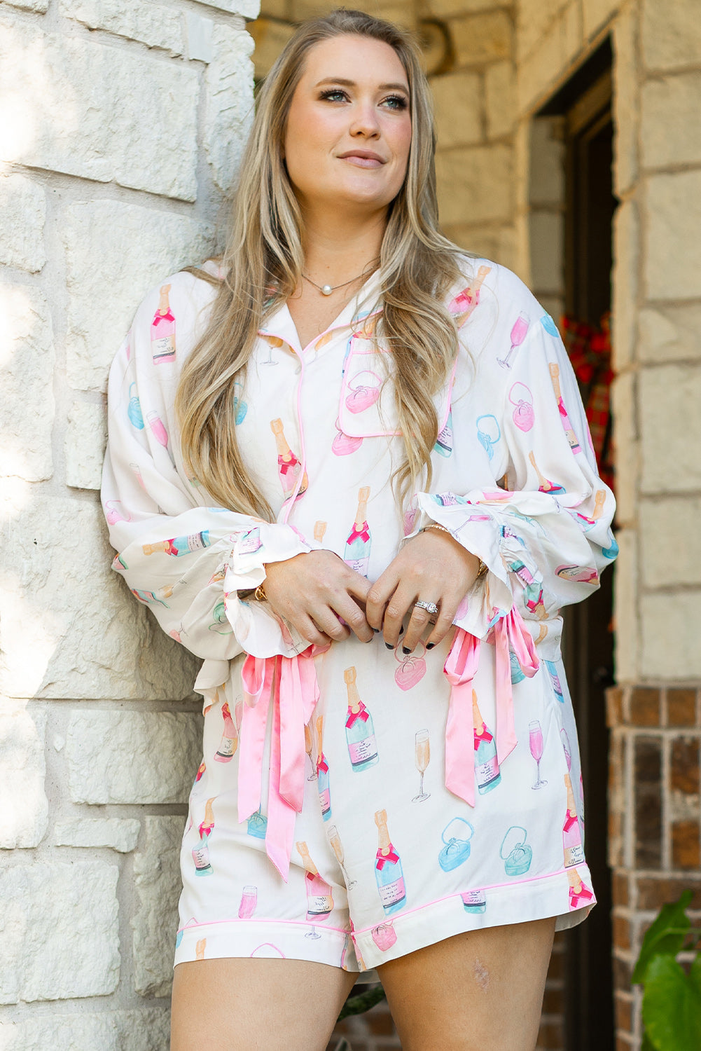 Wine Glass Print Plus Size Pajama Set