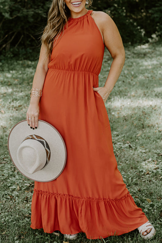 Russet Orange Plus Size Ruffled Hem Sleeveless Long Dress