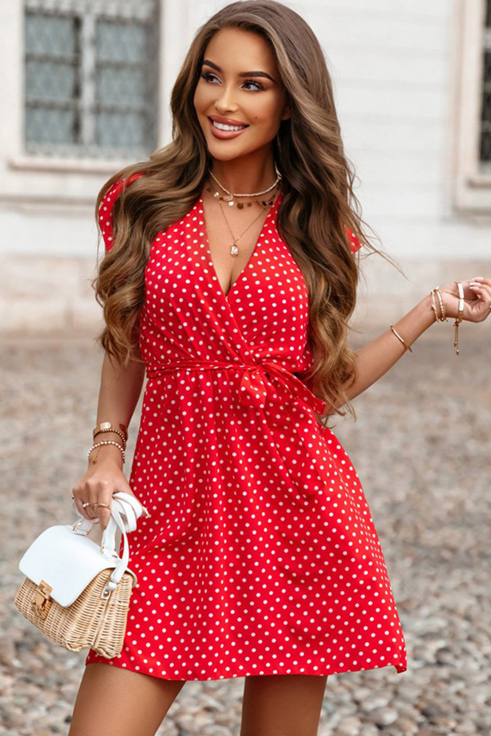 Red Polka Dot V Neck Ruffle Dress