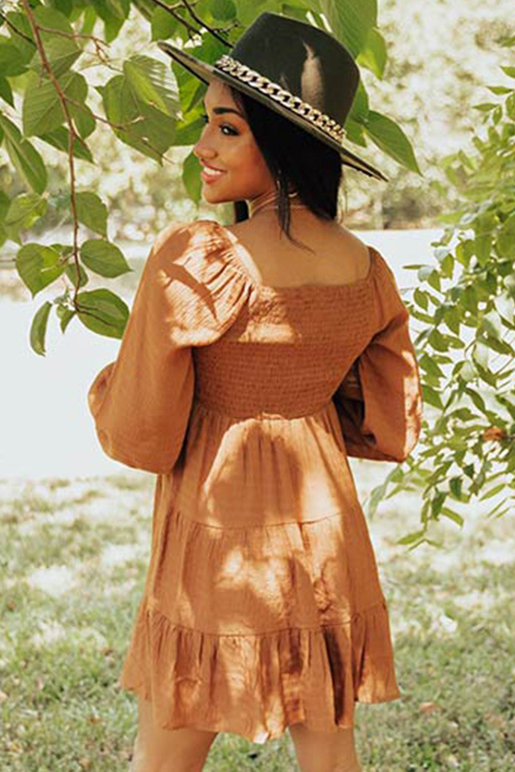 Brown Long Sleeve Smocked Tiered Boho Dress