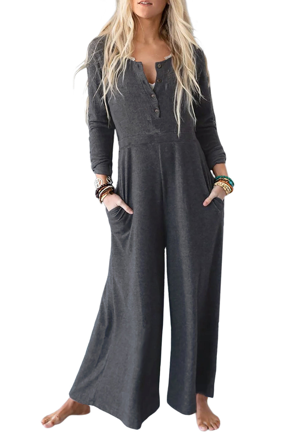 Long Sleeve Wide Leg Jumpsuit with Pockets