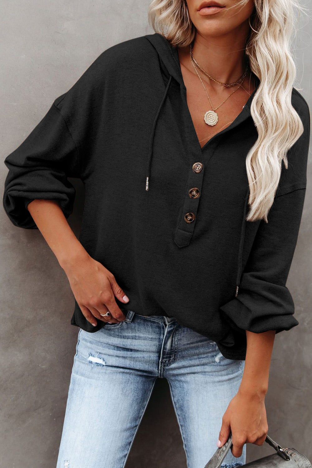 Button Front Pullover Hooded Sweatshirt