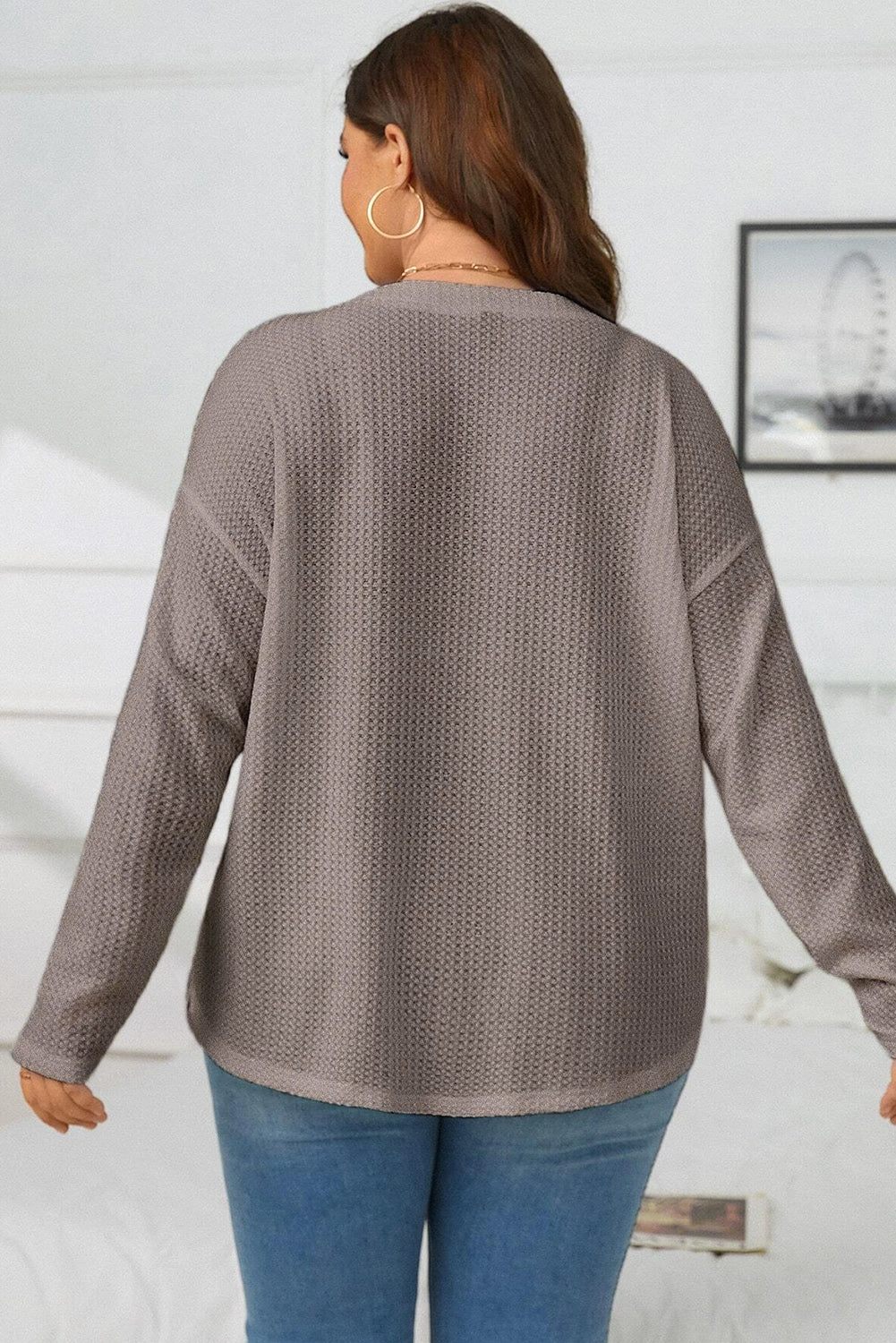 Waffle Knit Drop Shoulder Button Front Plus Size Top