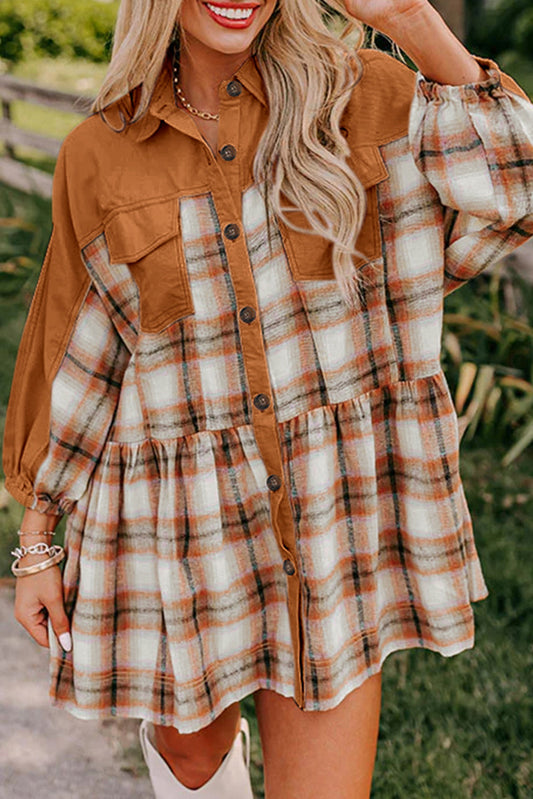 Colorblock Patchwork Ruffle Hem Tunic Shirt Dress