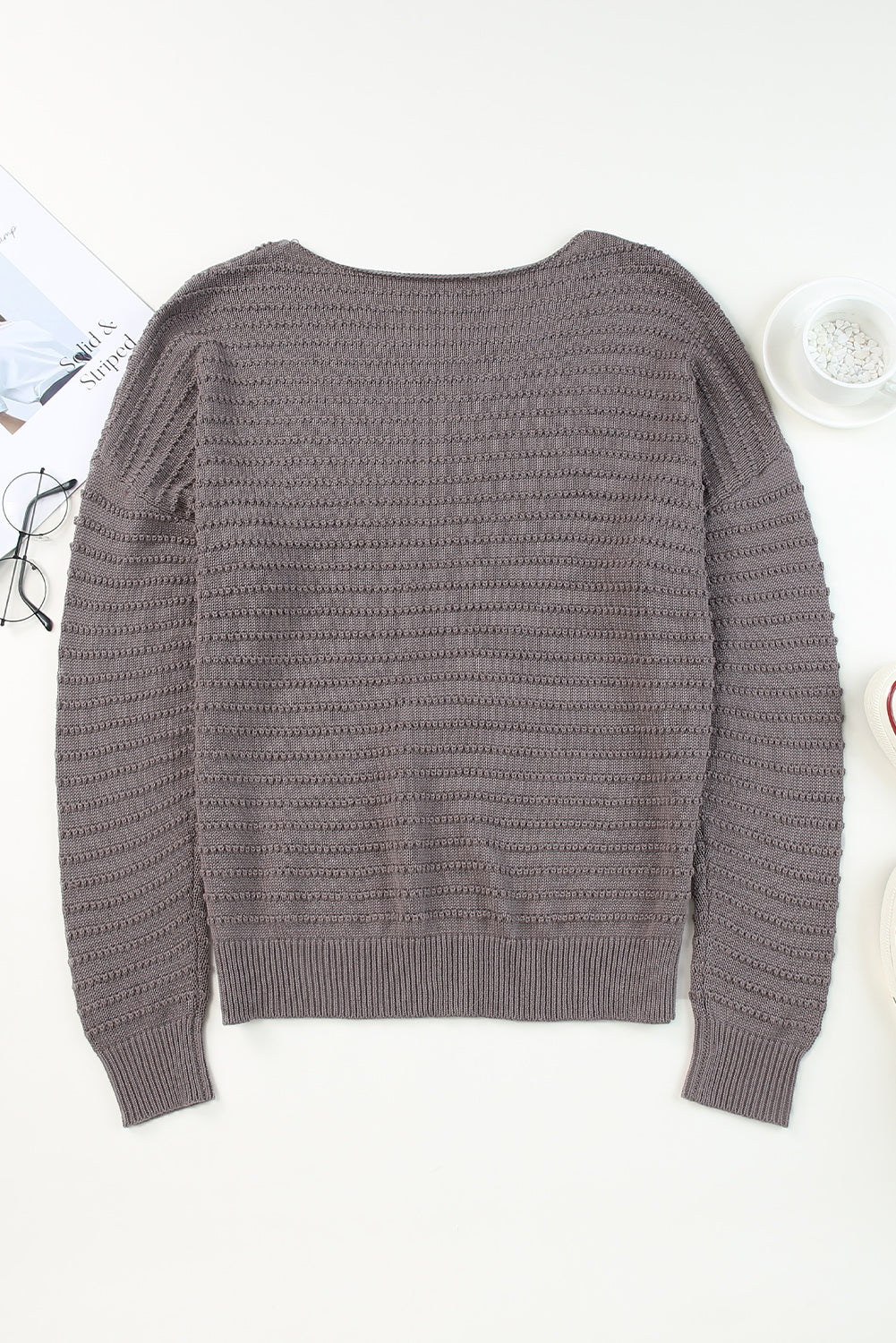 Textured Knit Round Neck Dolman Sleeve Sweater