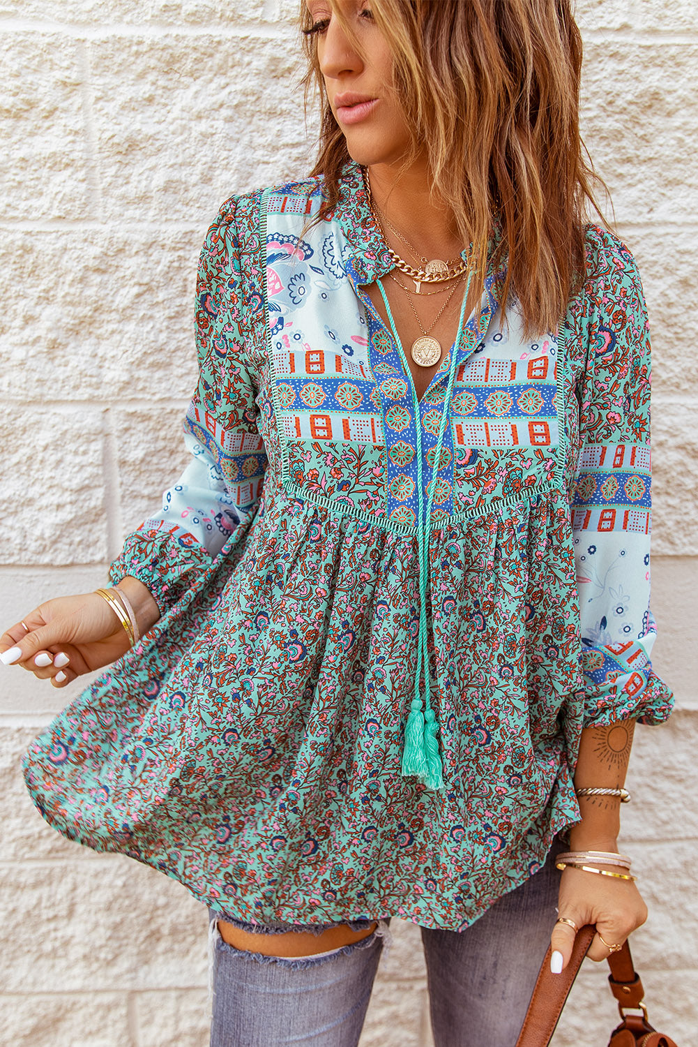 V Neck Puff Sleeve Tunic Top