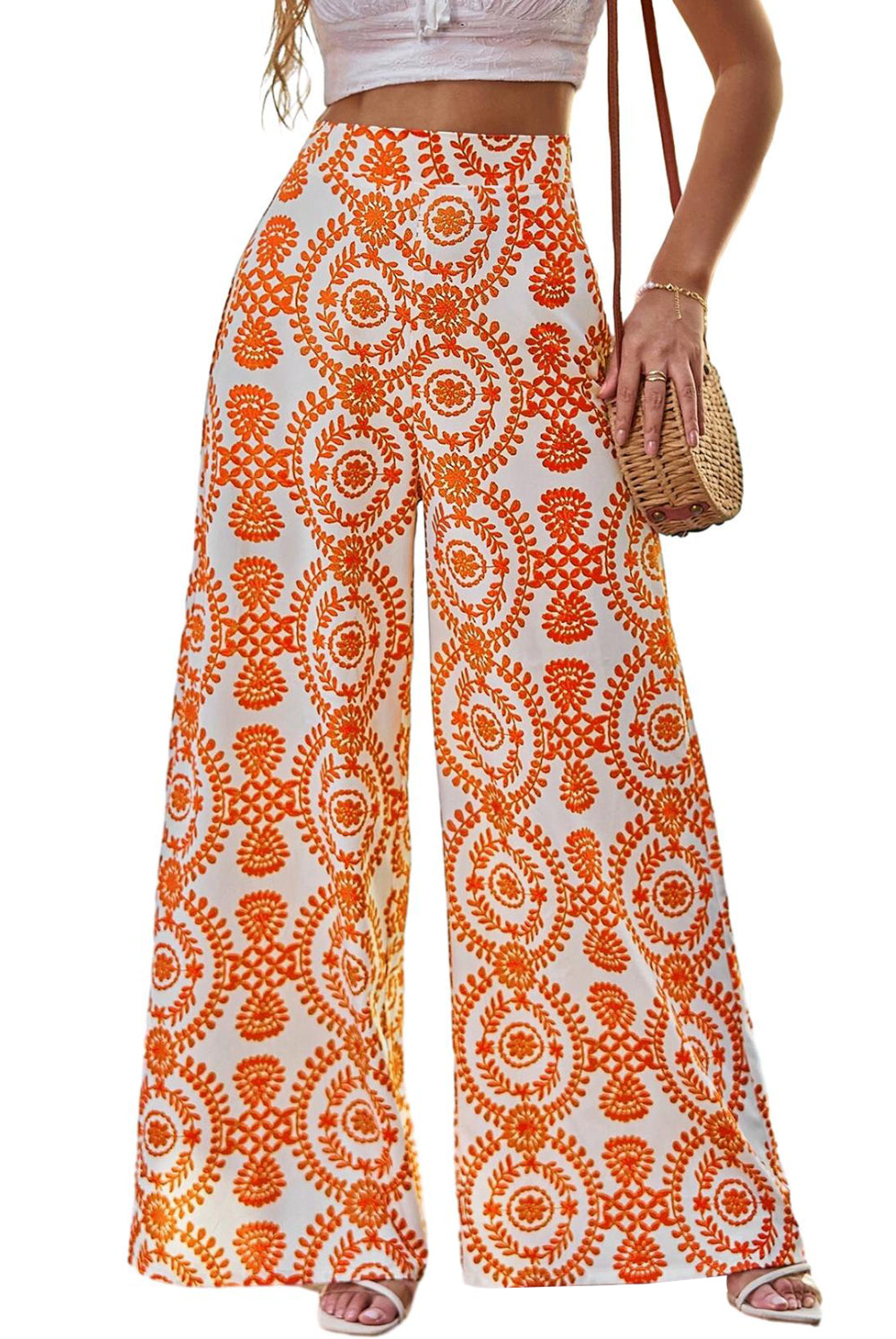 Retro Flower Print Wide Leg Pants