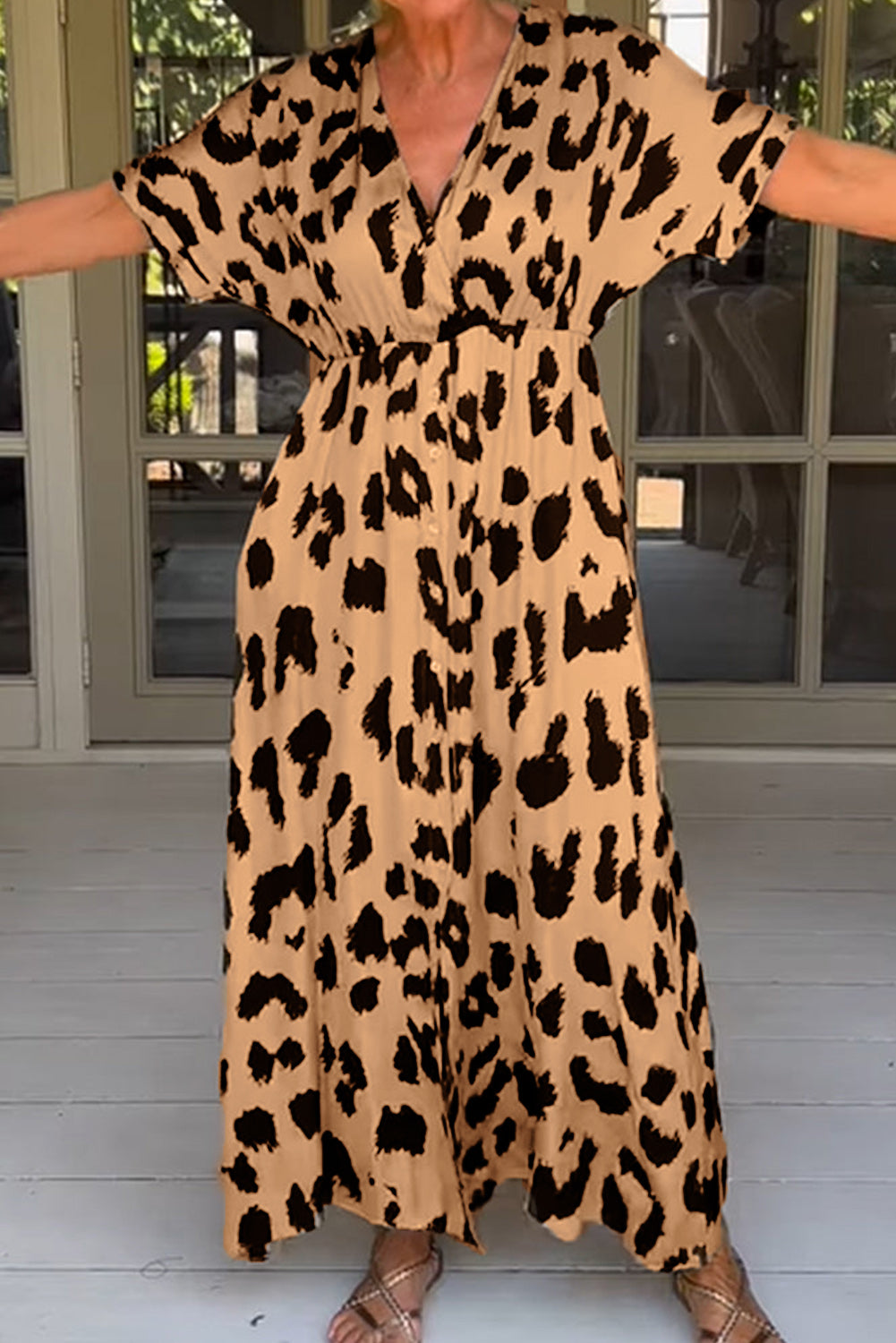 Leopard V Neck High Waist Buttoned Plus Maxi Dress