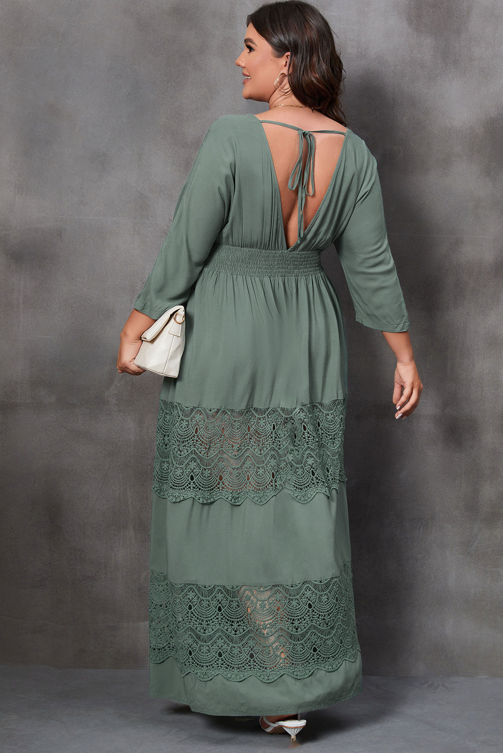 3/4 Sleeve Smocked Lace Decor Maxi Dress