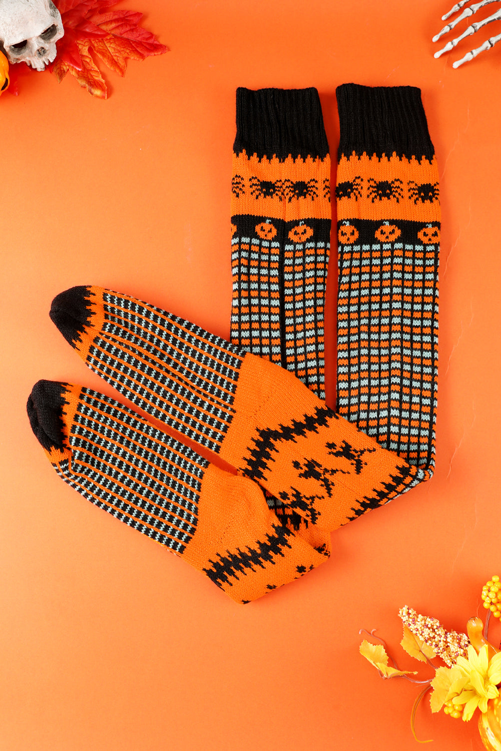 Orange Witch Pumpkin Halloween Party Costume Knit Knee High Socks