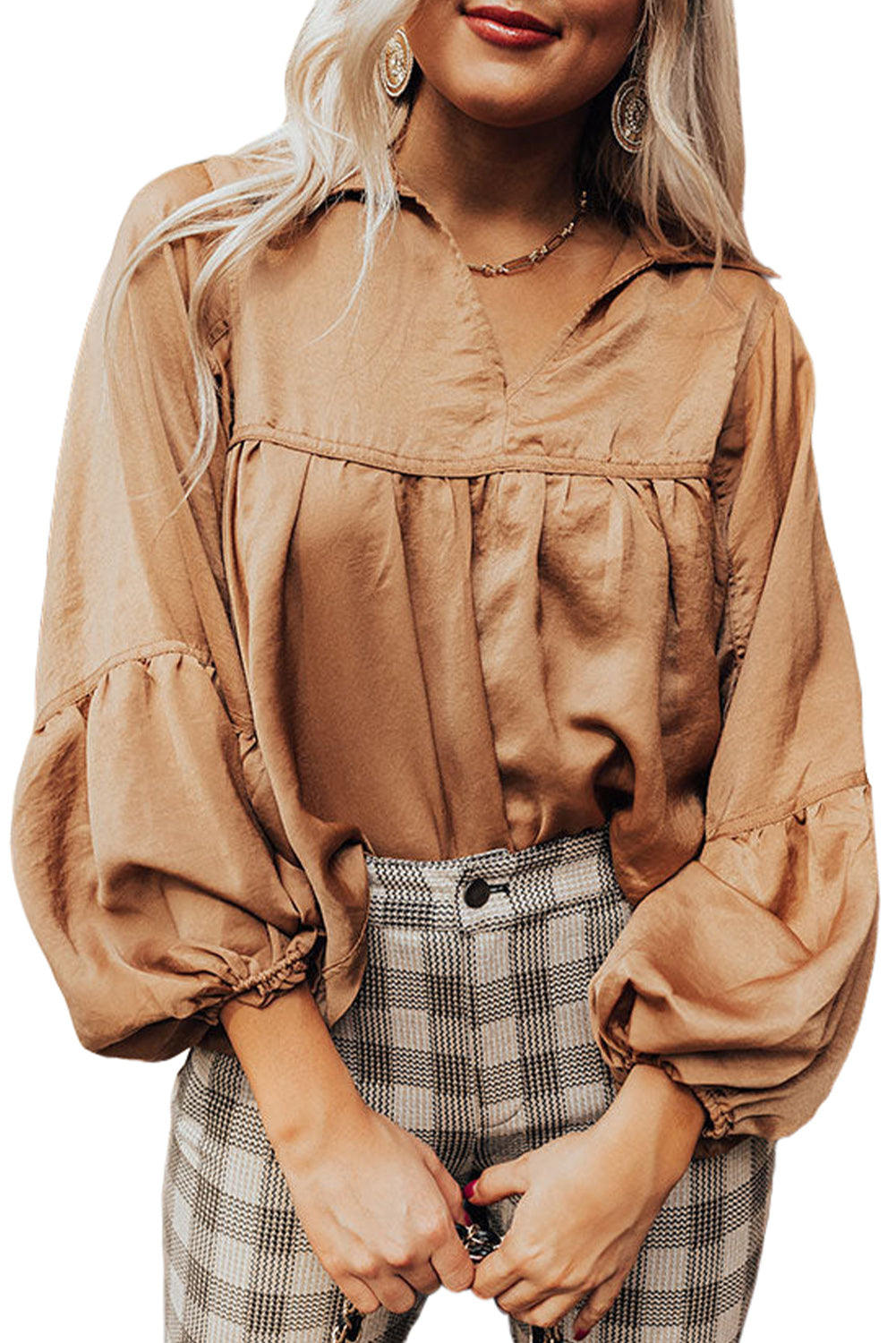 Brown Solid Color Lantern Sleeve Collared Boho Top