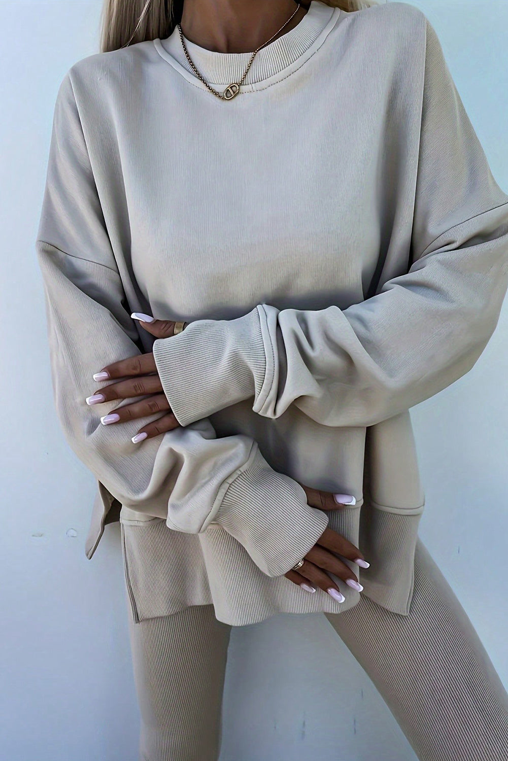 Oversize Slit Sweatshirt Ribbed Leggings Set