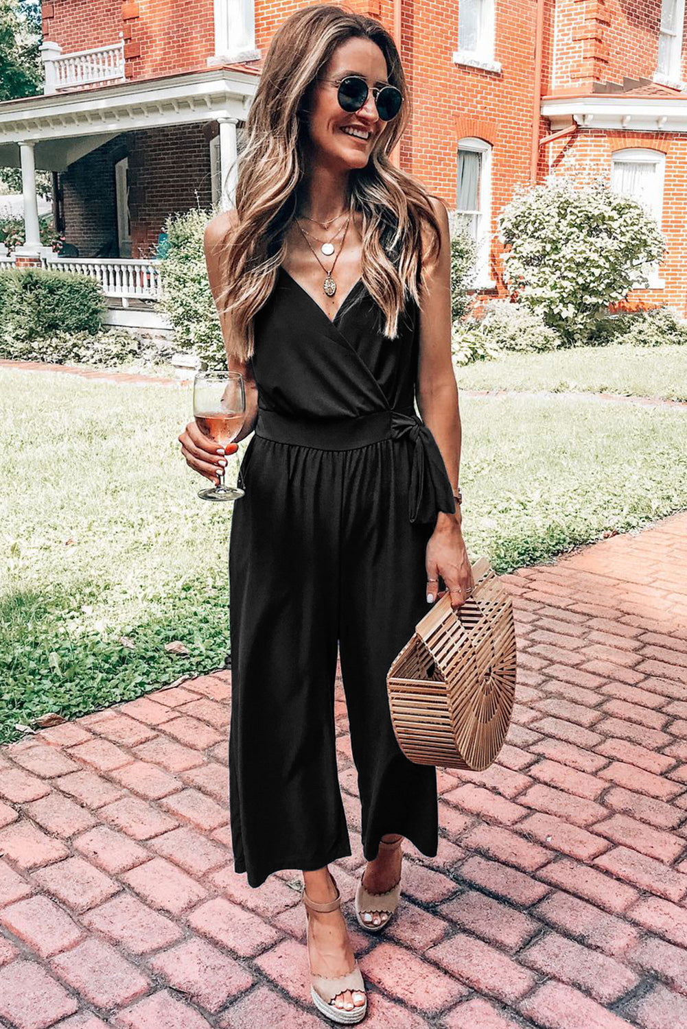 Surplice V Neck Knot Wide Leg Jumpsuit