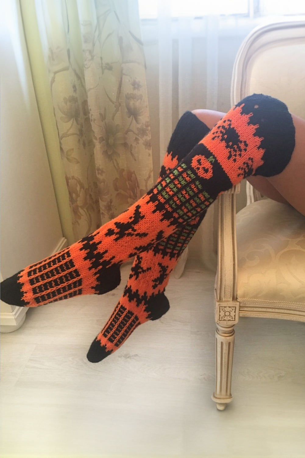 Orange Witch Pumpkin Halloween Party Costume Knit Knee High Socks