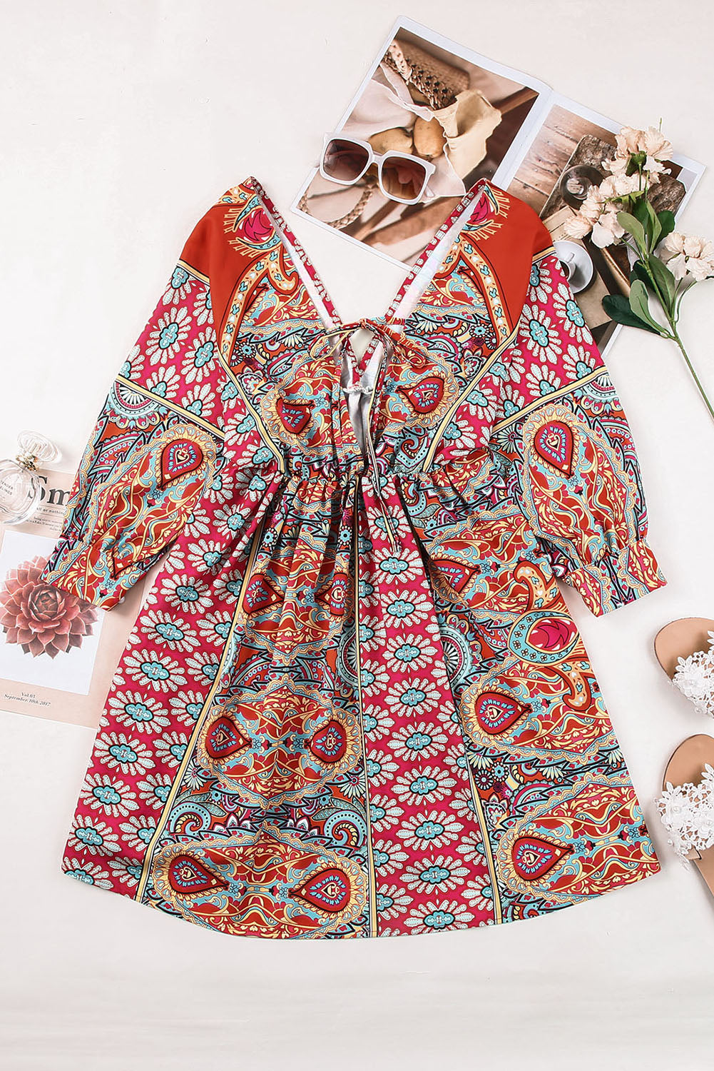 3/4 Sleeve Tie Back Boho Dress