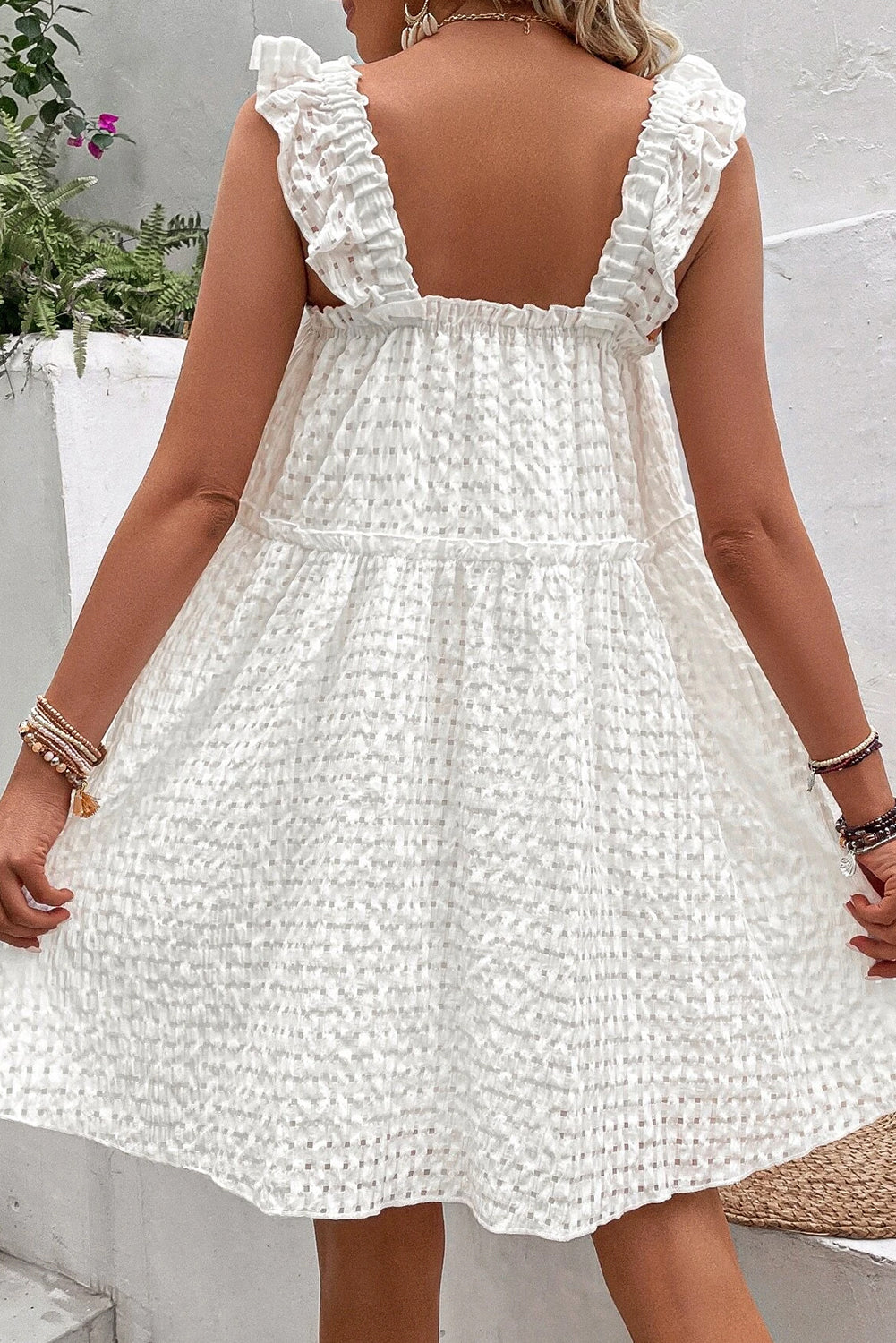 White Ruffle Textured Dress