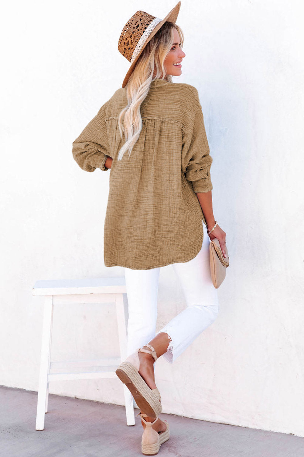 Crinkle V Neck Henley Top