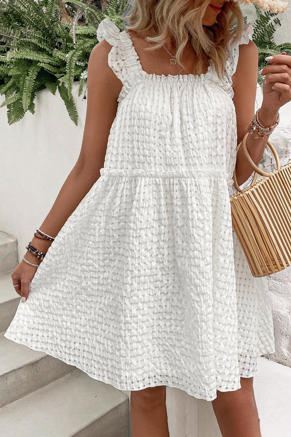 White Ruffle Textured Dress