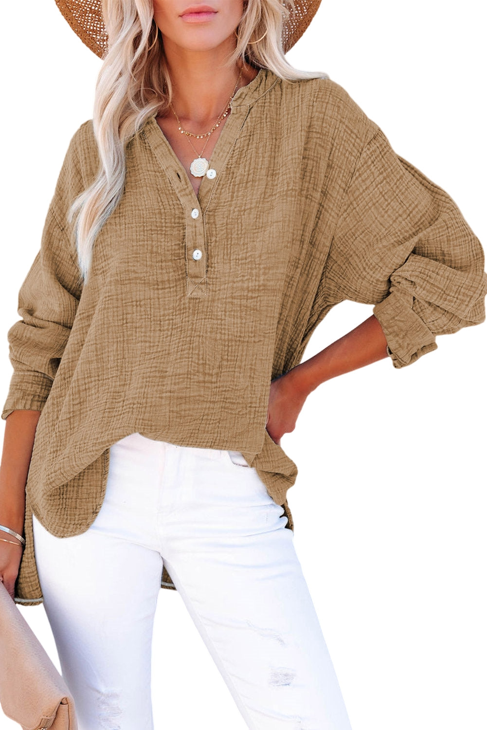 Crinkle V Neck Henley Top