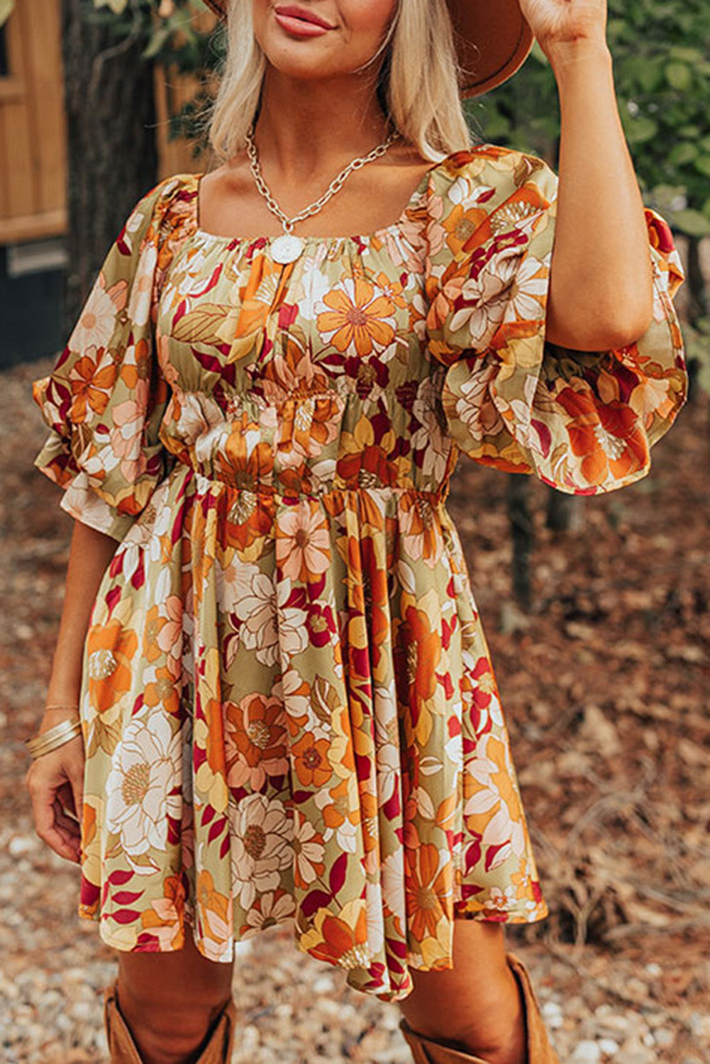 Floral Printed Square Neck Dress