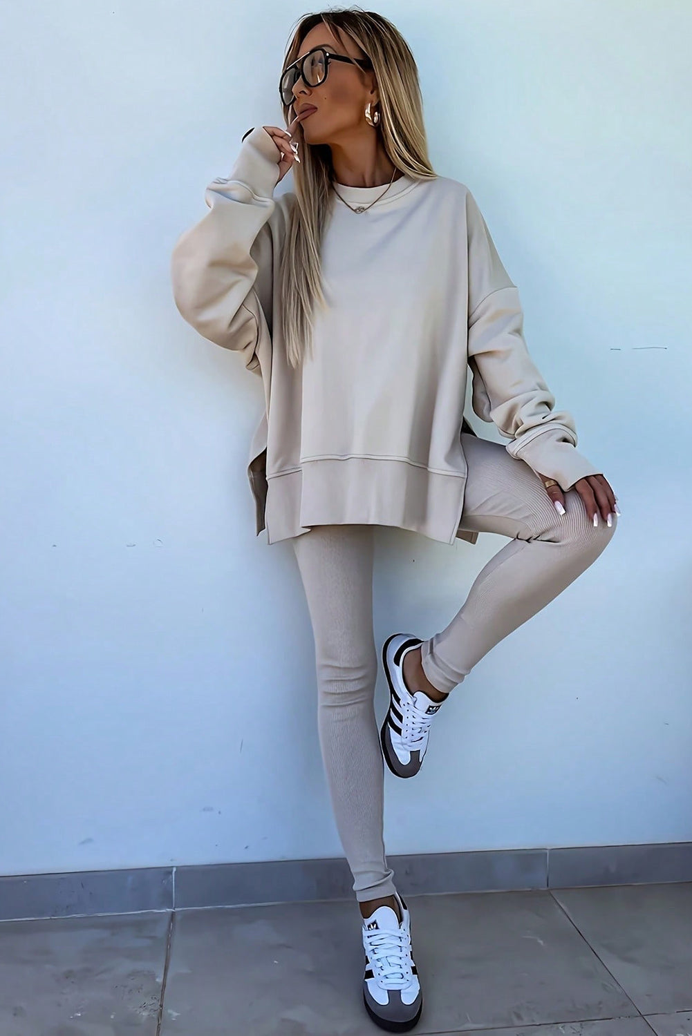 Oversize Slit Sweatshirt Ribbed Leggings Set