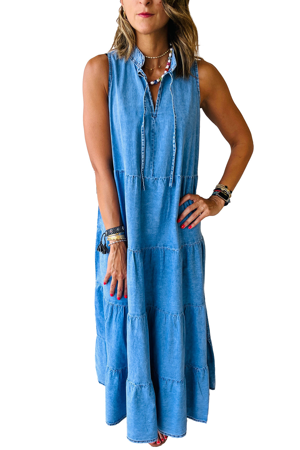 Real Teal Sleeveless Tiered Chambray Maxi Dress