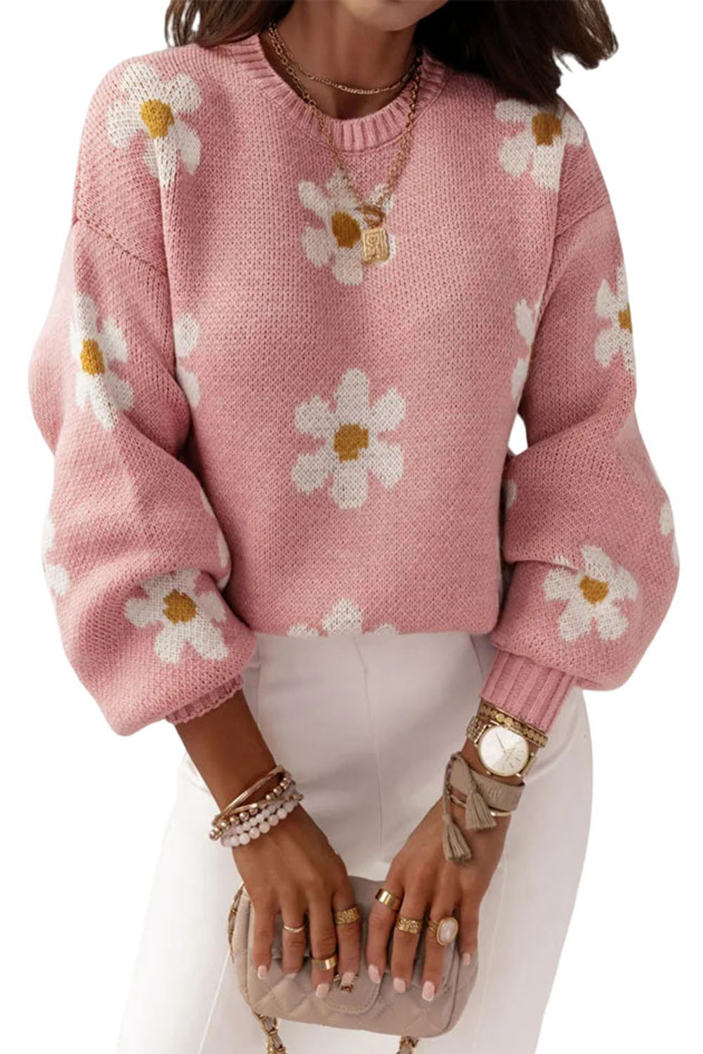 Pink Floral Pattern Drop Shoulder Pullover Knit Sweater – Bartlett & Bosc