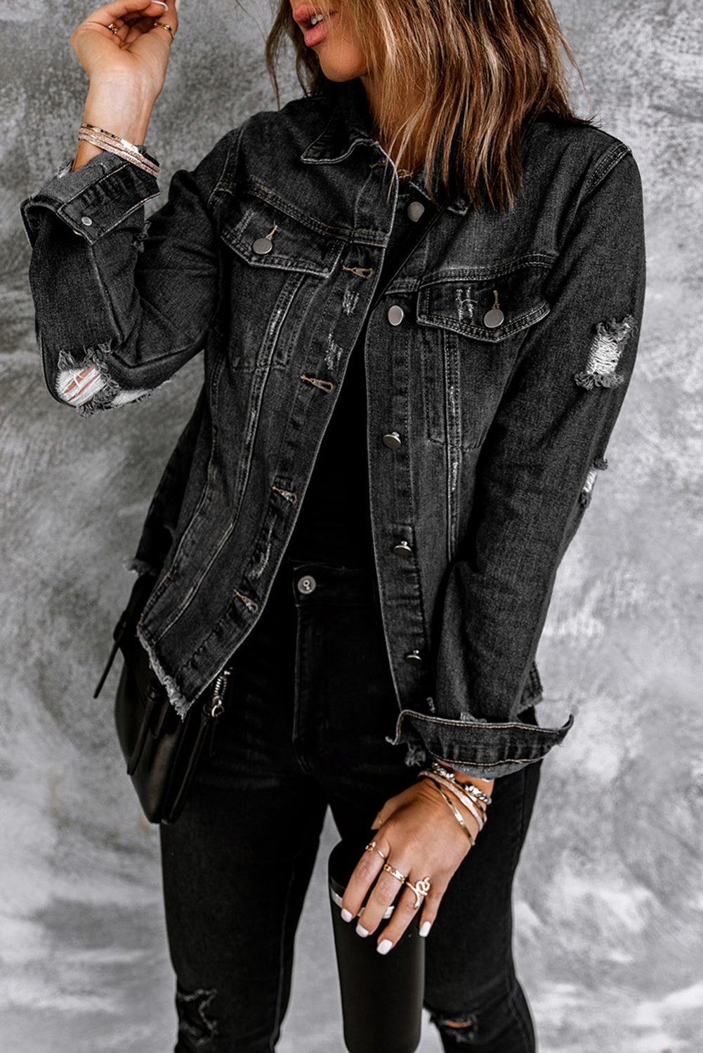 Raw Hem Buttons Denim Jacket