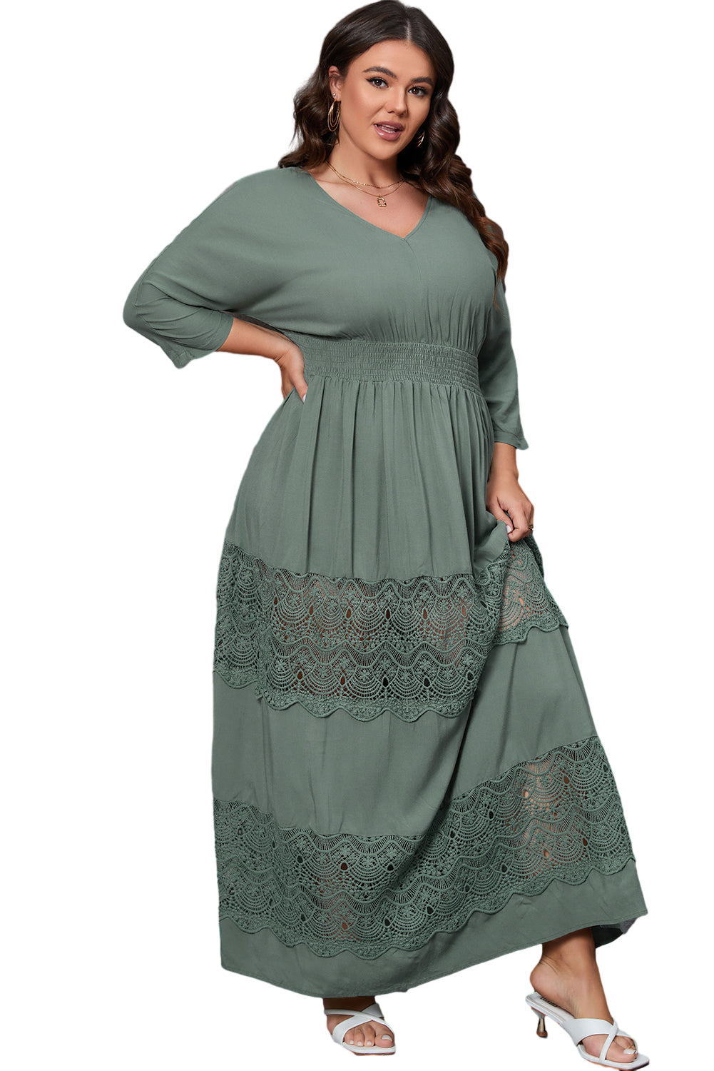 3/4 Sleeve Smocked Lace Decor Maxi Dress