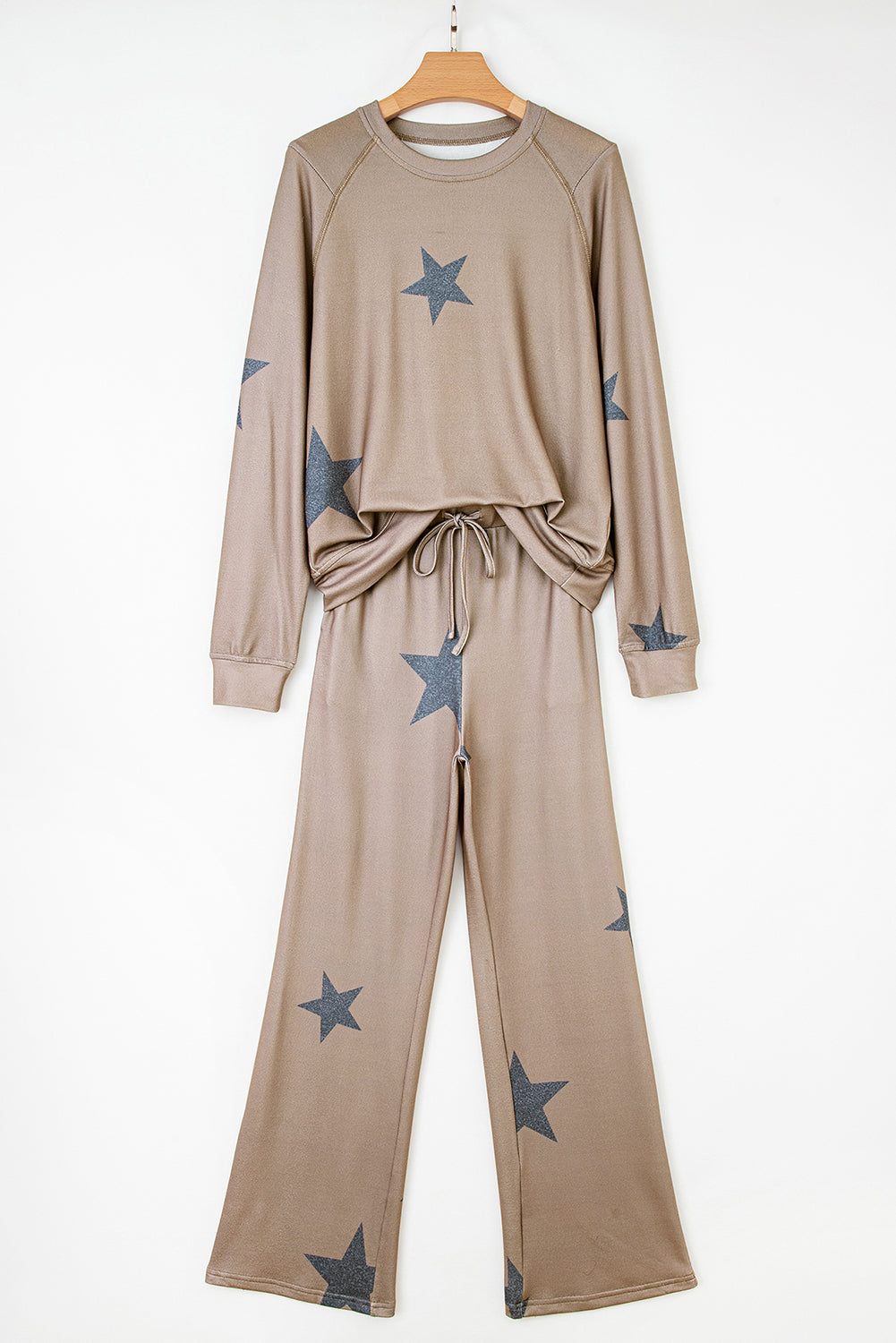 Retro Star Print Long Sleeve Pullover Drawstring Wide Leg Pajama Set
