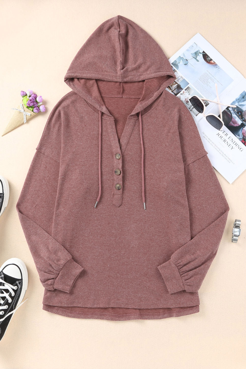 Button Front Pullover Hooded Sweatshirt