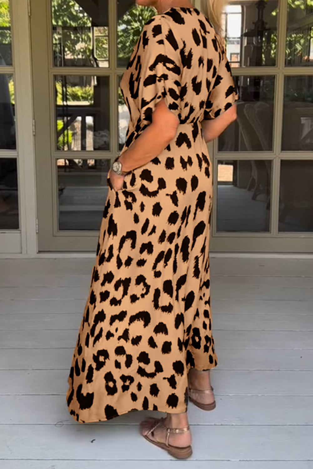 Leopard V Neck High Waist Buttoned Plus Maxi Dress