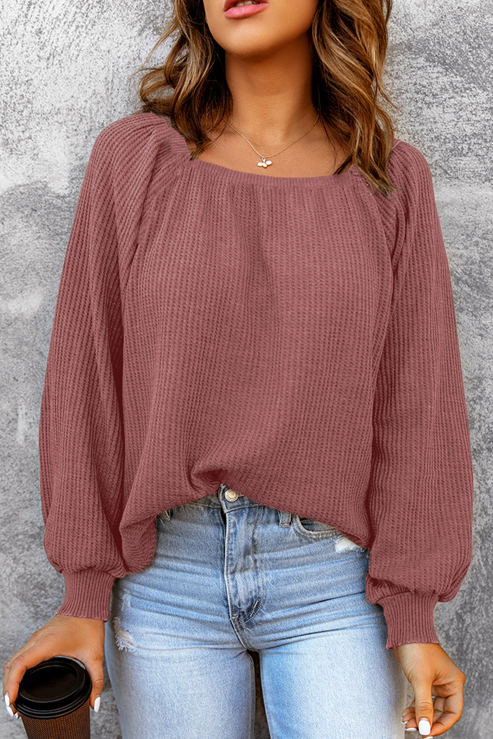 Waffle knit Square Neck Pullover Top