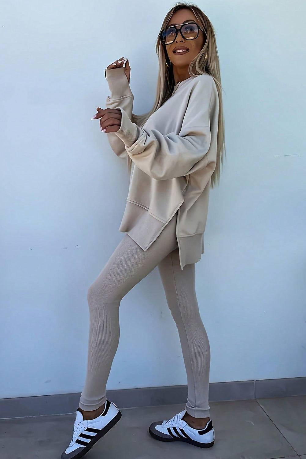 Oversize Slit Sweatshirt Ribbed Leggings Set