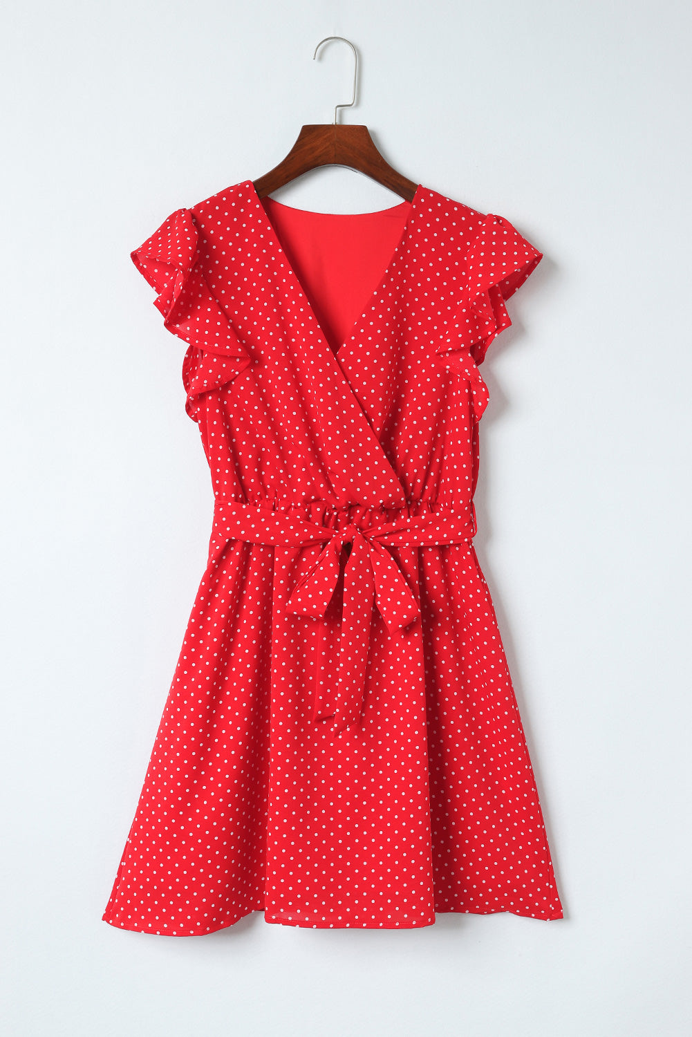 Red Polka Dot V Neck Ruffle Dress