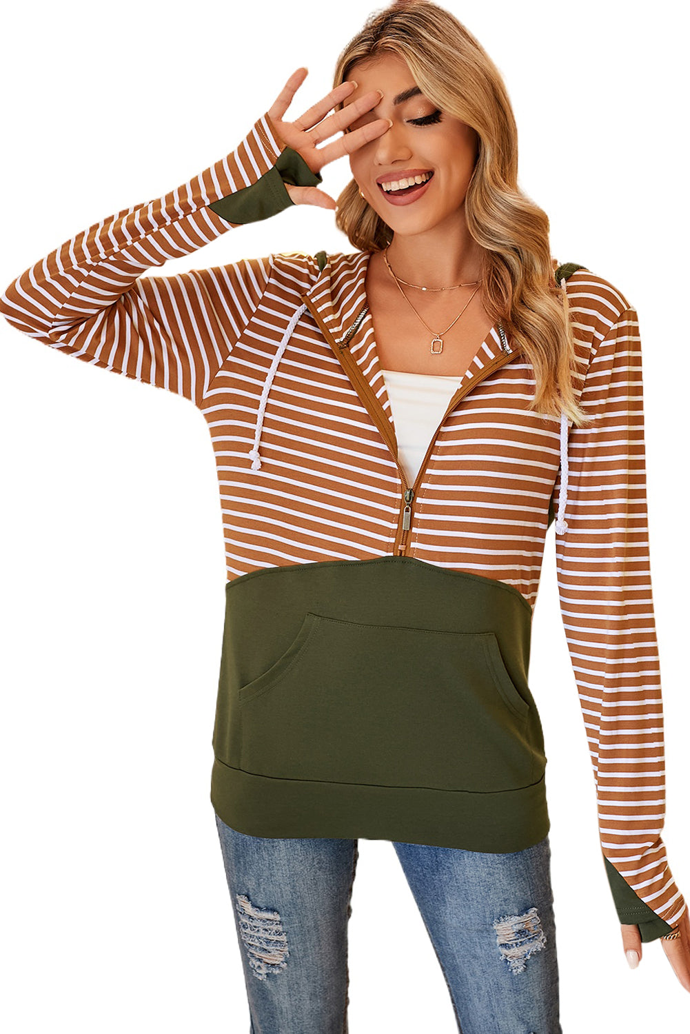 Orange Striped Thumb-hole Sleeve Hoodie