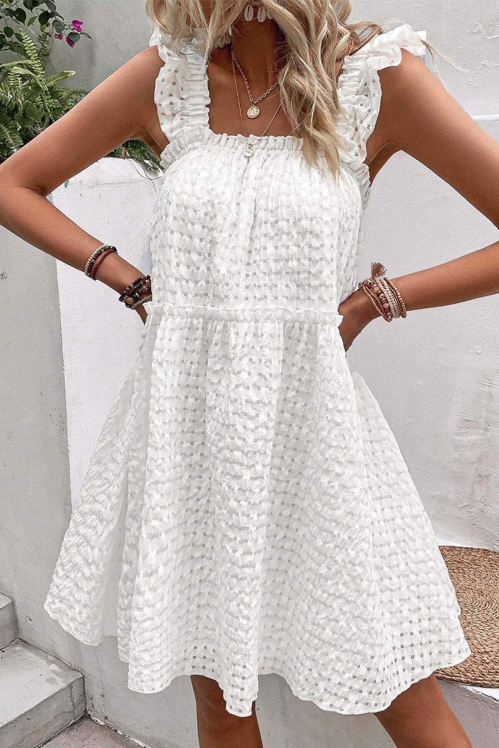 White Ruffle Textured Dress