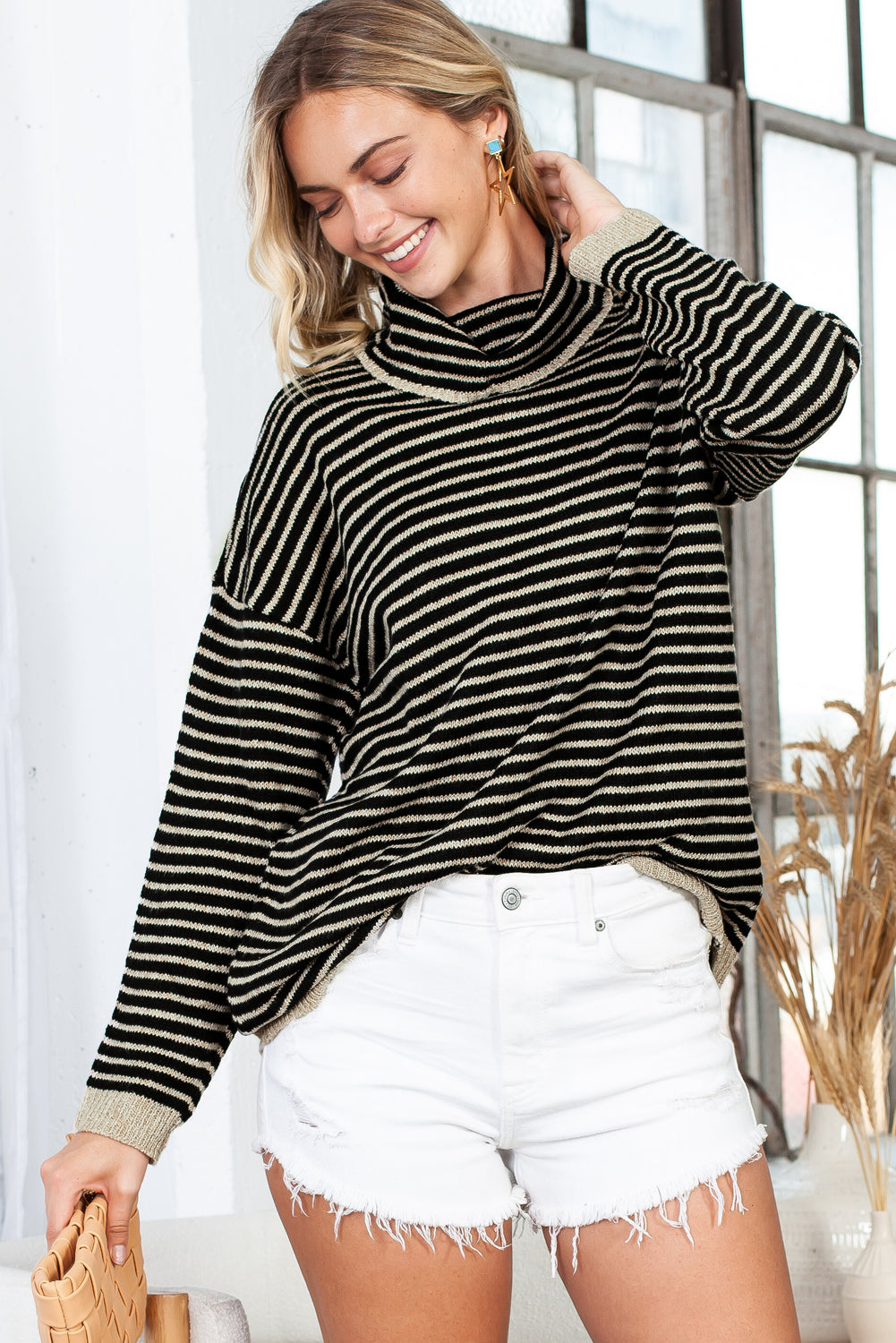 Black Striped Turtleneck Long Sleeve Sweater