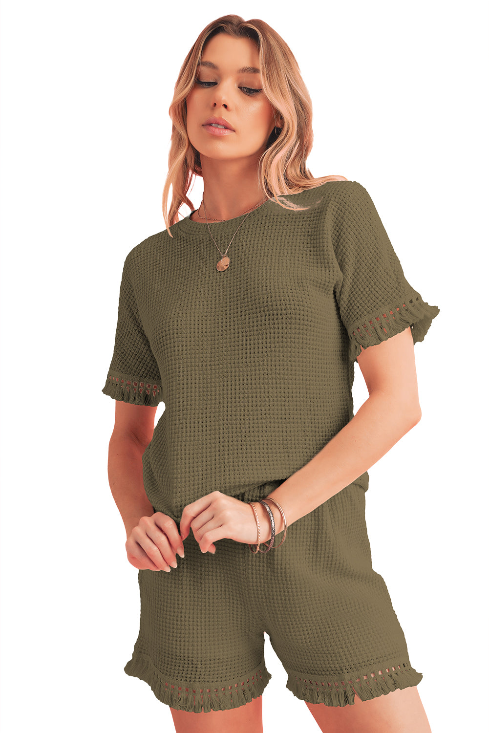 Fringe Trim Waffle Knit Textured Shorts Set