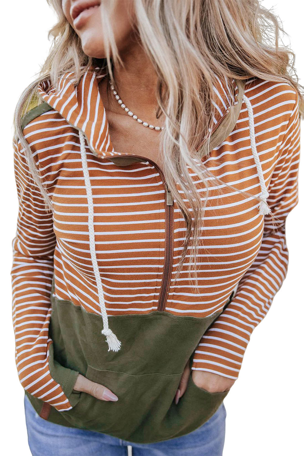 Orange Striped Thumb-hole Sleeve Hoodie