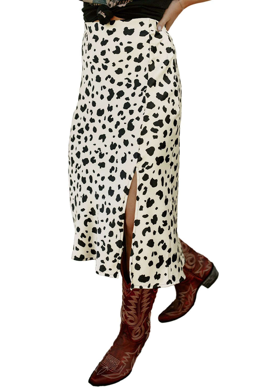 Khaki Leopard Print Side Split Midi Skirt