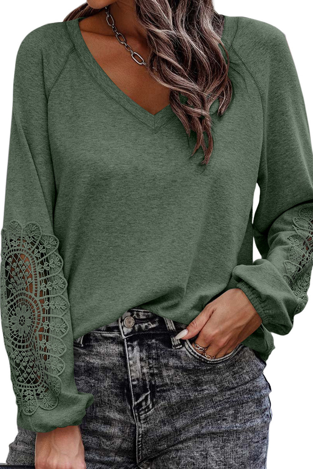 V-Neck Embroidered Long Sleeve Top