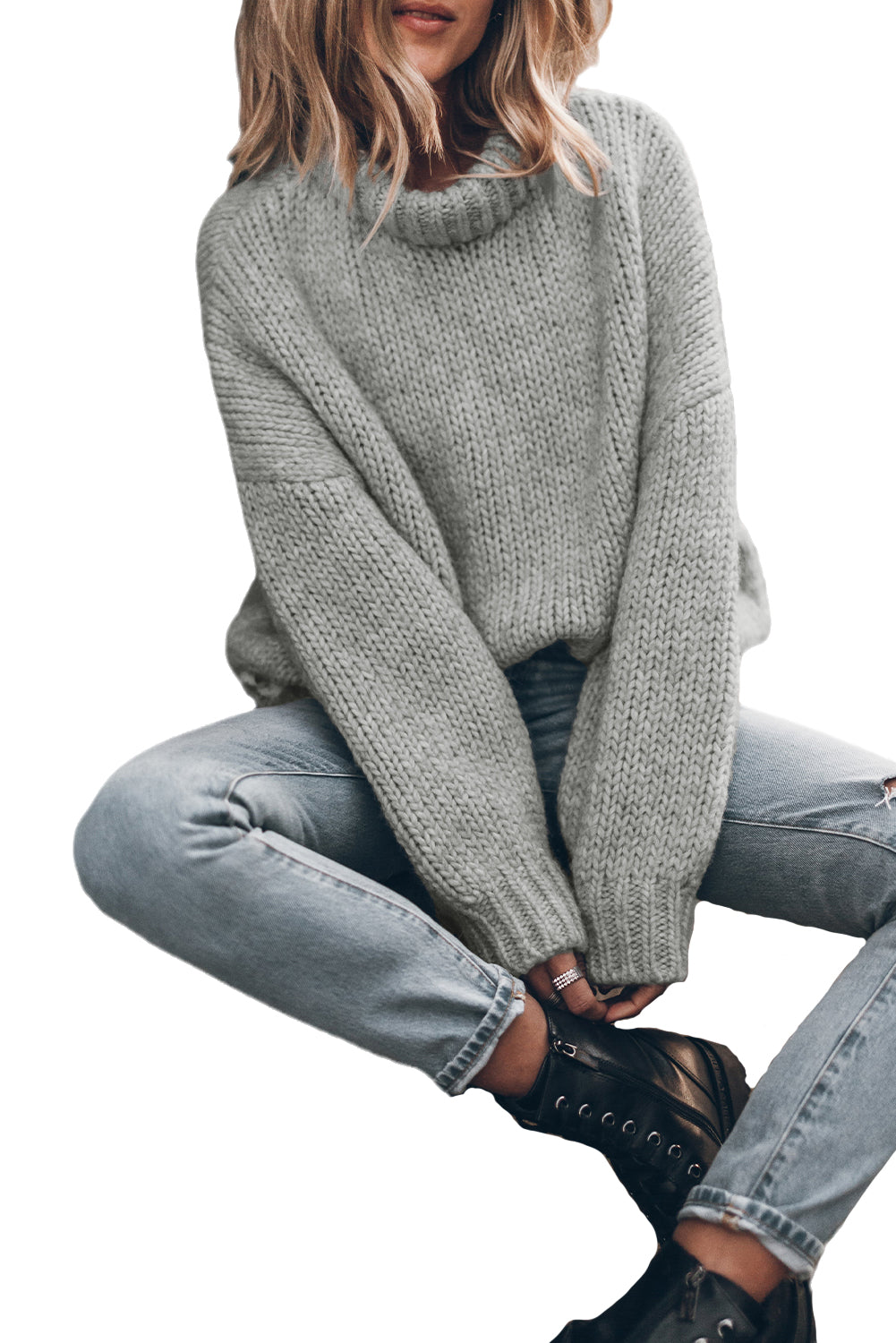 Chunky Knit Turtle Neck Drop Shoulder Sweater